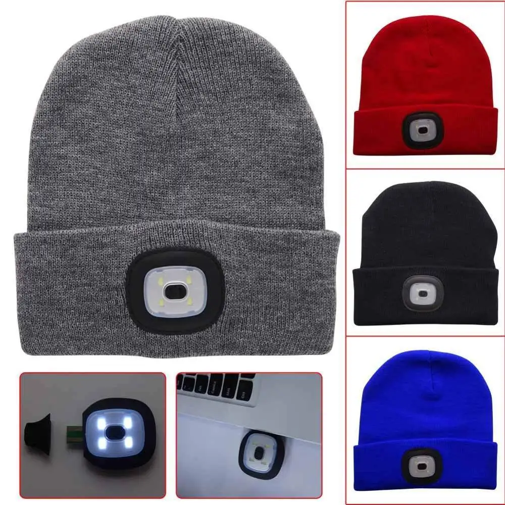 

Rechargeable USB LED Beanie Cap Headlamp Beanie Simple Solid Color Wool Hat Winter Warm Beanie for Camping Fishing