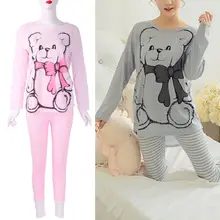 Женские топы с длинным рукавом с рисунком медведя из мультфильма, полосатые леггинсы-пижамы, комплект одежды для сна