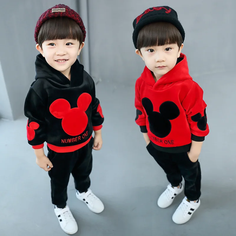 Disney Микки Маус комплект детской одежды для мальчиков и девочек осень зима толстовка с капюшоном Брюки Толстая хлопковая куртка свитер верхняя одежда