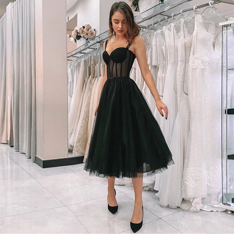 AE759 Black Polka Dot Tulle Short Prom Dresses Velour Tea Length Evening Gown 2021 Hot Sale Women Wedding Party Dresses