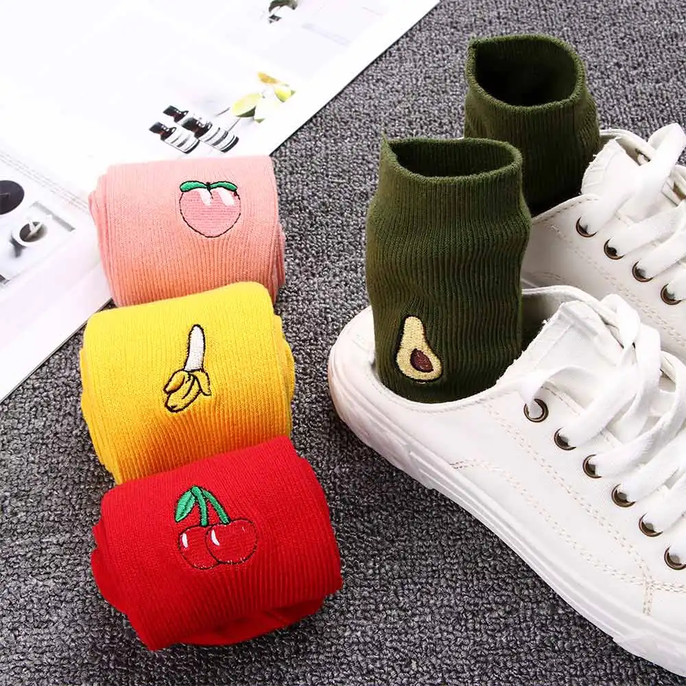 Хлопковые цветные женские носки с мультяшными фруктами, хипстерские Женские однотонные носки с вышивкой, с фруктами, вишнями и ананасами, забавные высокие носки для девочек
