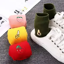 Хлопковые цветные женские носки с мультяшными фруктами, хипстерские Женские однотонные носки с вышивкой, с фруктами, вишнями и ананасами, забавные высокие носки для девочек