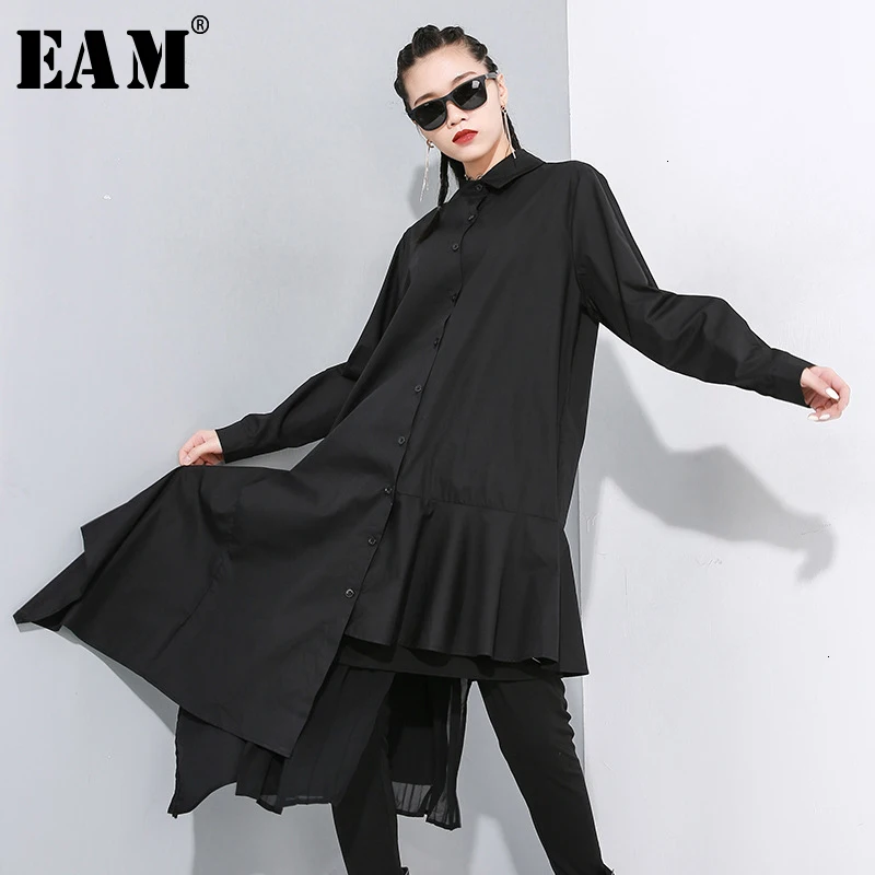  [EAM] Women Black Asymmetrical Pleated Long Blouse New Lapel Long Sleeve Loose Fit Shirt Fashion Ti