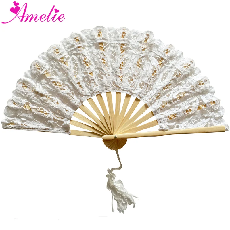 Wedding Handheld Fan European Fashion Embroidery Wedding Party Events Gifts Handmade Bamboo Cotton Fan Wedding Battenburg Lace Fan