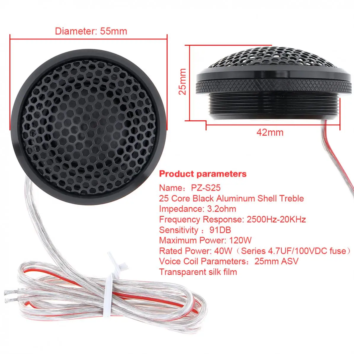 PZ-B25 2Pcs 120W Black Aluminium Shell Transparent Silk Stretch Film Hifi Speakers Auto Radio Stereo Speaker for Cars