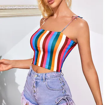 

Women's Camis Crop Top Tight Striped Spaghetti Strap Multicolor Camisole Matching Sexy Clubwear Top Beachwear Women Camis Famale