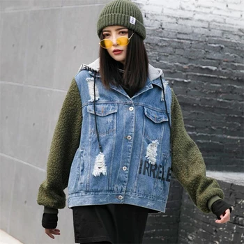

Women Street Casual Letter print hole stitching Denim Hooded Jackets Female Long Sleeve Jean Coat With Hooded Autumn Outerwear