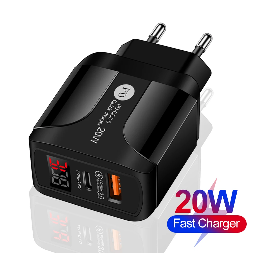 Carga rápida 3.0 qc duplo usb pd USB-C carregador display digital carregador rápido para iphone 12 7 xiaomi samsung huawei carregadores de parede