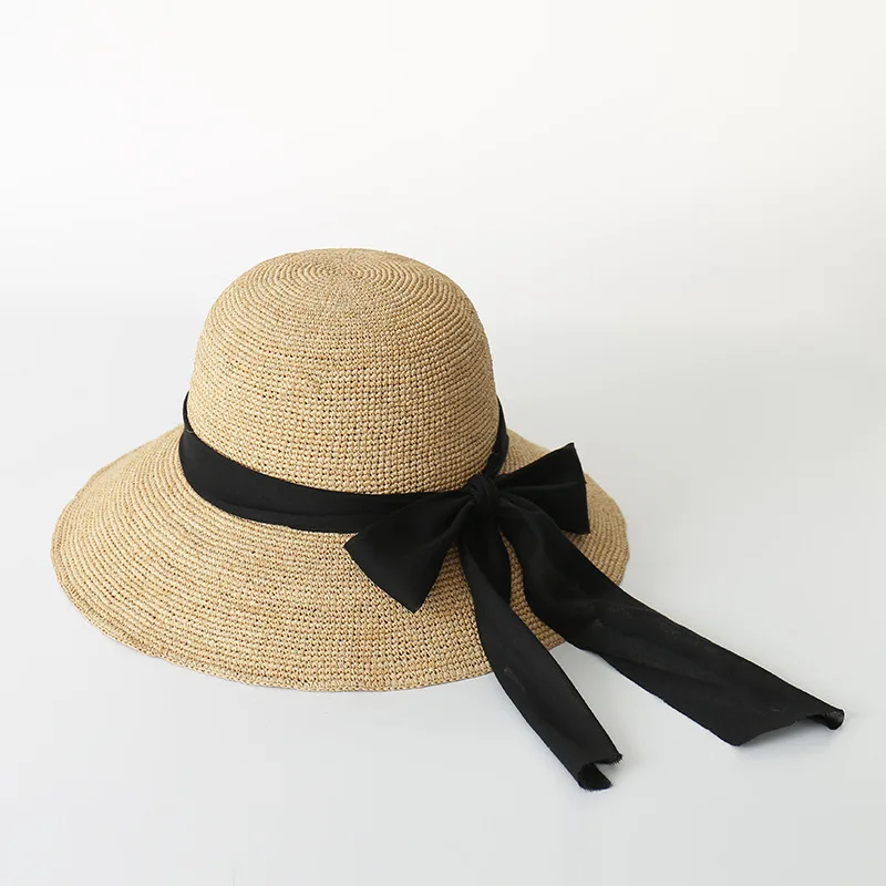 

Spring And Summer Fashion Foldable Hand-woven Raffia Hat Bow Ribbon Beach College Style Raffia Hat