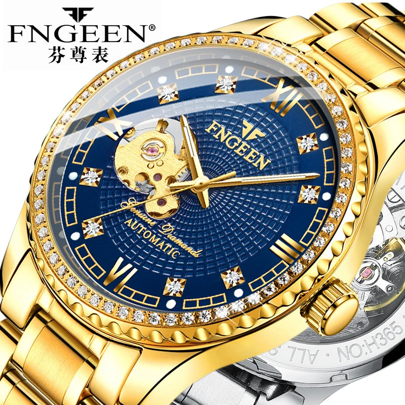 FNGEEN-Reloj de pulsera para hombre, con espejo de cristal recubierto, tallado hueco, dorado, automático, mecánico, estilo británico, resistente al agua