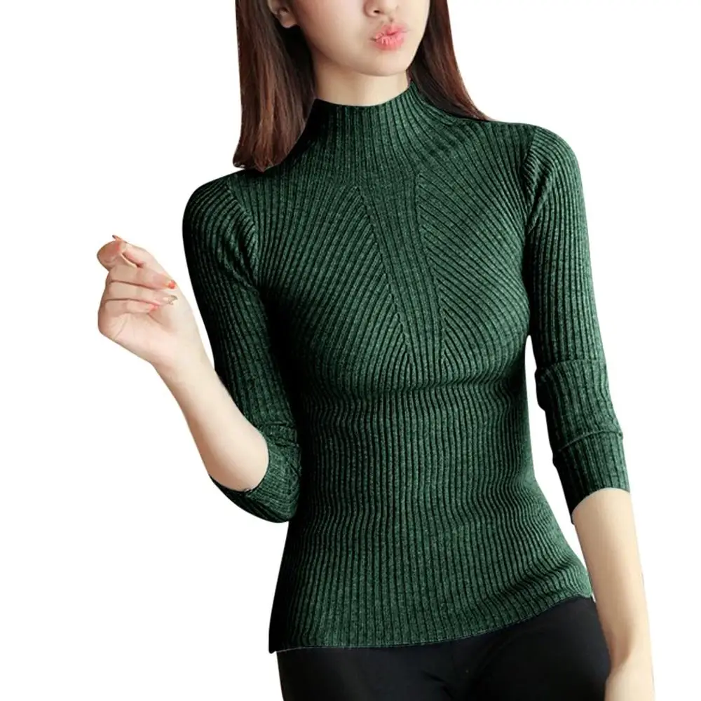 6 цветов, осень, женский свитер, высокий эластичный Однотонный свитер с высоким воротом, женский тонкий сексуальный облегающий вязаный пуловер - Цвет: Зеленый