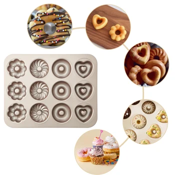 

Donut Mold Cake Pan, 12-Cavity Non-Stick Pattern Doughnut Bakeware,Carbon Steel Donut Mold， for Oven Baking