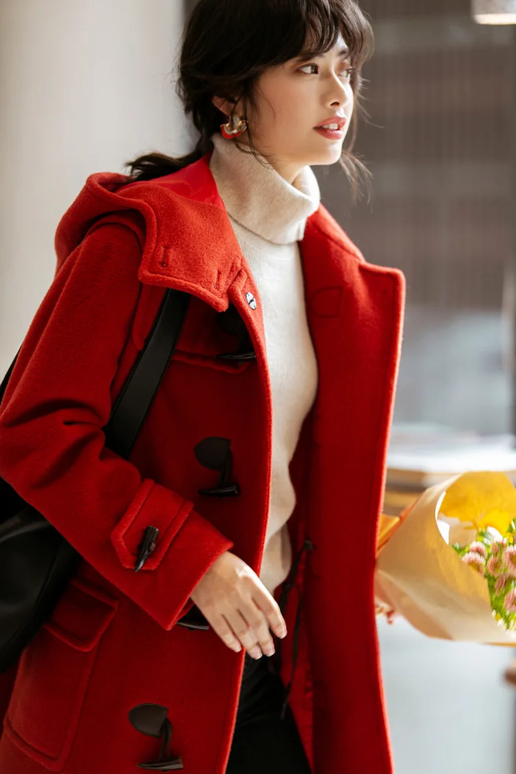 Красное Женское зимнее теплое шерстяное пальто из альпаки с роговыми пуговицами, Дафлкот, туника, длинное шелковое пальто, роскошное пальто abrigos