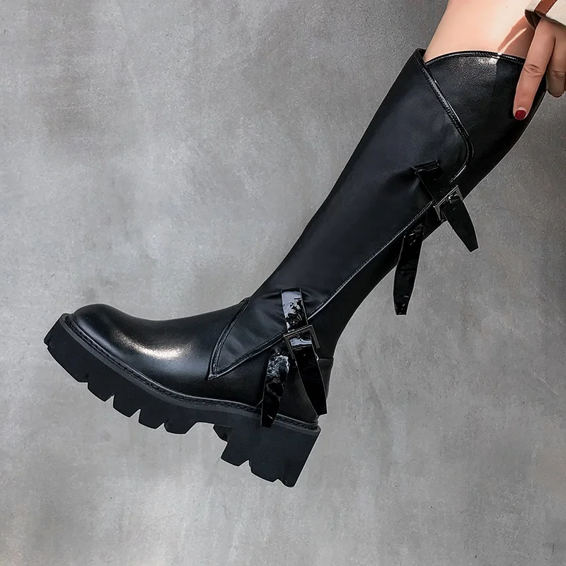 

autumn winter gothic punk shoes women platform black buckle strap zipper creeper wedge military combat knee high boots for woman