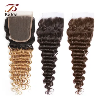 

Bobbi Collection T 1B 27 Lace Closure Ombre Honey Blonde Dark Brown Color 2 Color 4 Deep Wave Brazilian Non-Remy Human Hair