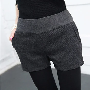 

Autumn Winter Women's Clothing Slim wild Pocket Contrast Color Shorts Female Woolen Crimping Short Pants thick