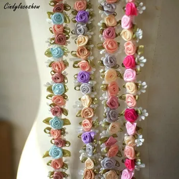 

50 cm 2.8 cm Wide Rose Flowers Pearls Ribbons Lace Trimmings Dress Decor Handmade DIY Lace Trims Clothes Sewing Hair Accessories