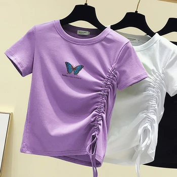 

Women Slim Short Sleeve Twisted O-Neck Cropped Cotton Tee TShirt Lady Summer Print Butterfly Crop Tops T-shirts For Girls
