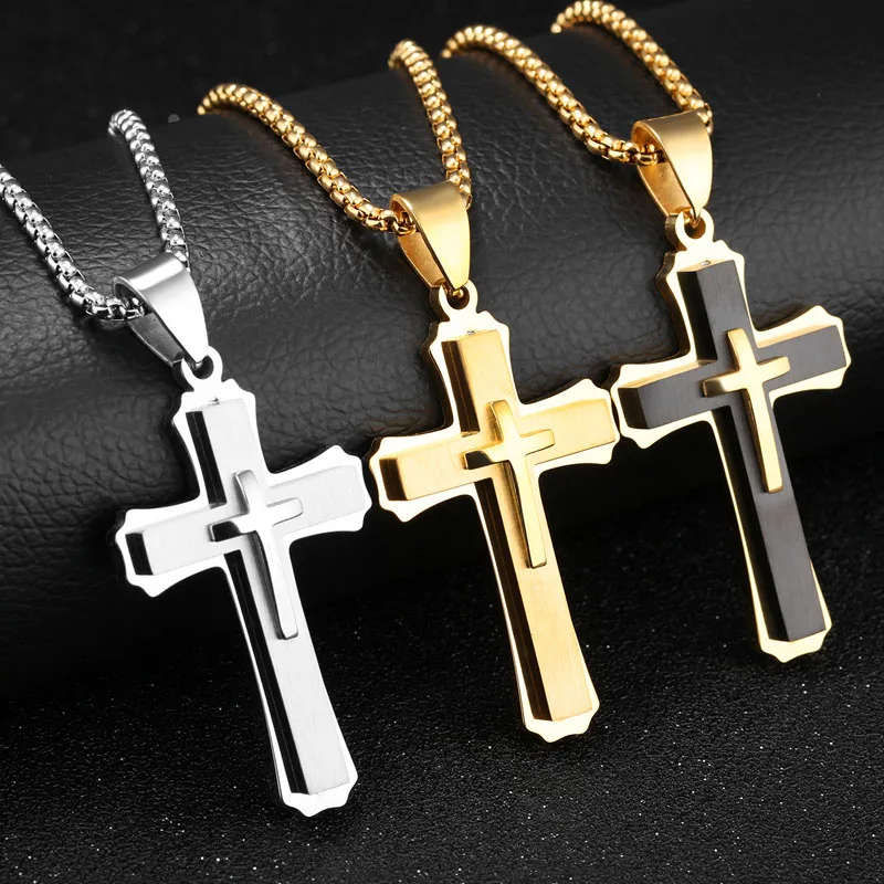 Punk Men Fashion Mens Boys Gold Stainless Steel Cross Pendant Necklace Drop Shiping