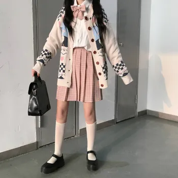 

Japanese Autumn New Women Sweet CCartoon Print Loose knit cardigan sweater & Young Girl Kawaii Babydoll Slim plaid Pleated skirt