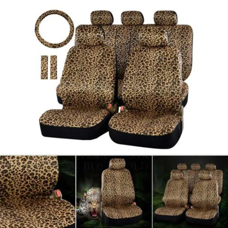 

15" Universal Steering Wheel Car Seat Protector and Luxury Leopard Print Car Seat Cover Universal Fit for Seat Belt Pads