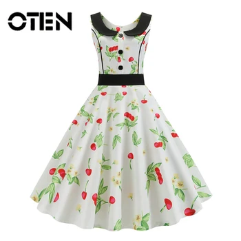

OTEN Printed Sleeveless Women Dress Summer Sweet 2019 Patchwork With Button Elegant Party Dot Plaid Pin Up Vintage Style Female