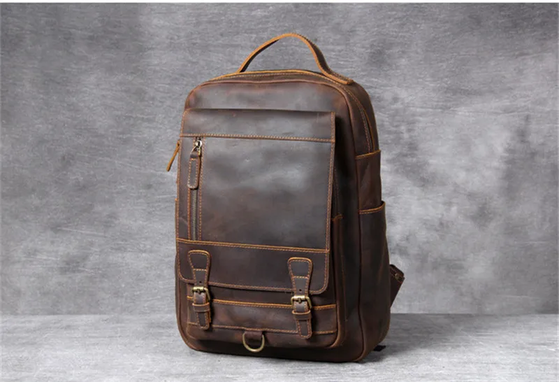 Iswee Retro Crazy Horse Cowhide Leather Backpack Travel Daypack Business Laptop Bag for Men Brown