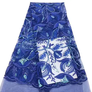 

Latest Royal Blue Tulle Lace Fabric High Quality Europe And American Fashion Fabric With Sequins French lace Fabrics 5 yards/lot