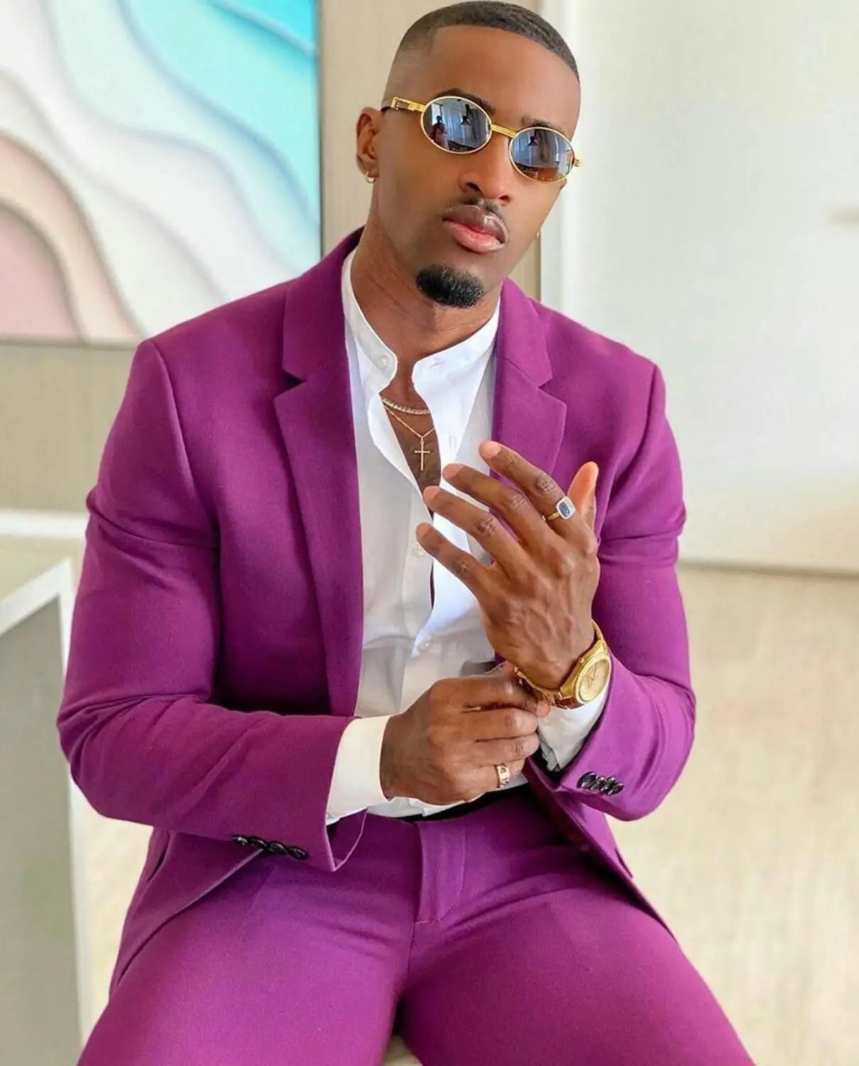 

Purple Summer Men Suits Notched Lapel Weeding Suits For Men Slim Fit Mens Prom Tuxedos Blazer Groom Suit Costume Hommes 2Pieces