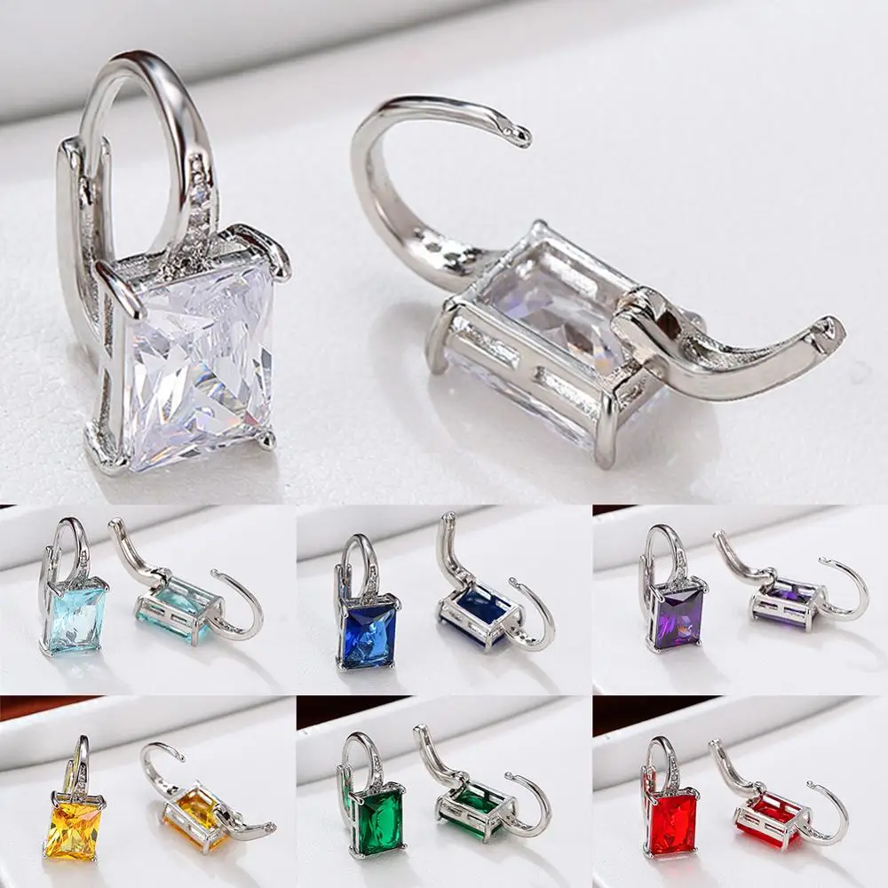 Simple Female Aqua Blue Crystal Jewelry Cute Silver Color Small Clip Earring Dainty Rainbow Square Wedding Earrings For Women