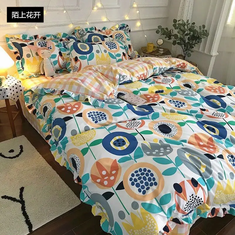 Four-piece set on a lotus leaf bed Korean style fragrant taro purple grid soft small fragrant style bed sheet three-piece set 