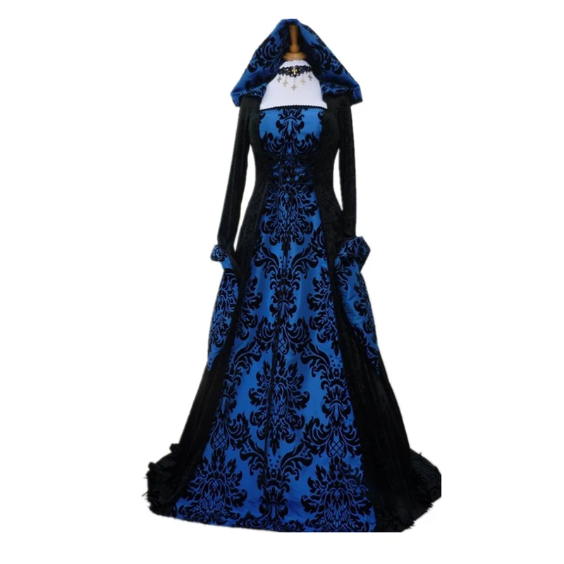 

Women Gothic Dress Medieval Royal Court Vintage Renaissance Long Sleeve Hooded Big Hem Floral Long Dresses Vestidos