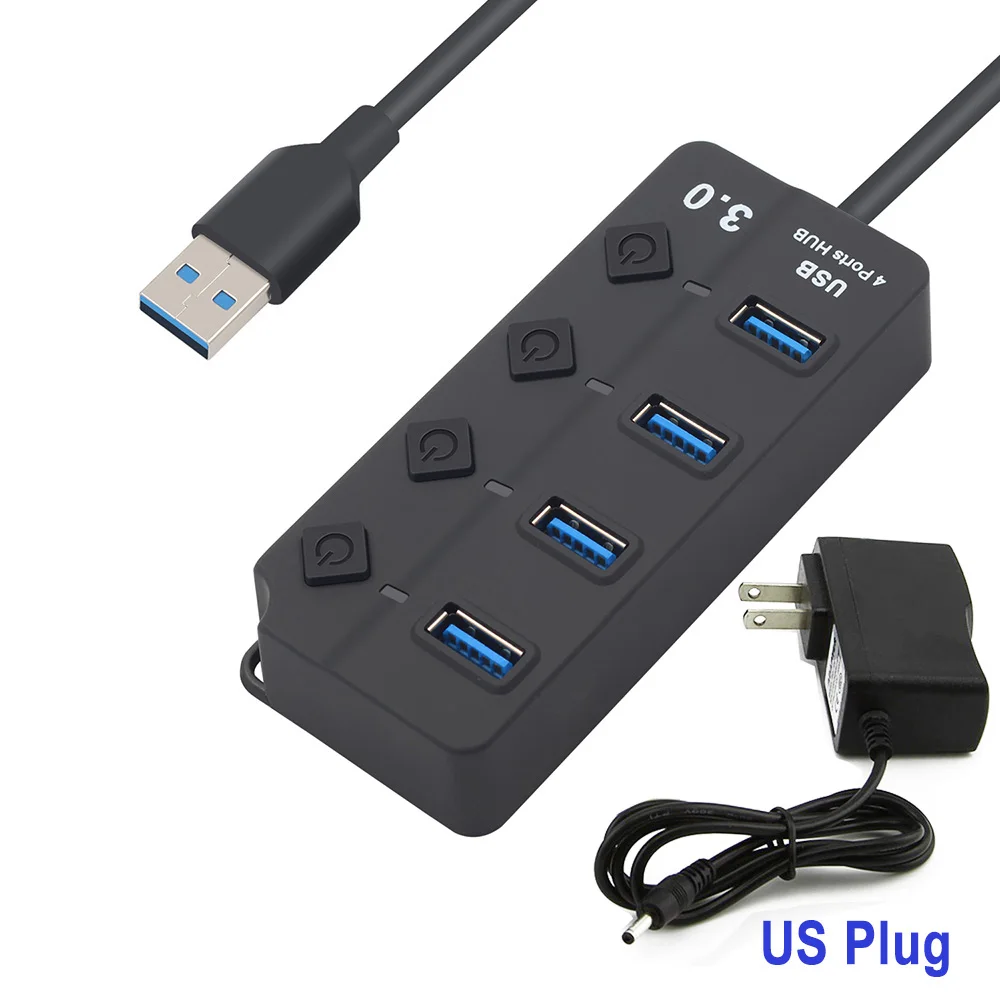 USB 3,0 концентратор 4/7 Порты и разъёмы супер Скорость USB 3 данных концентратор с индивидуальным Мощность переключатели& EU/US/адаптер питания стандарта Великобритании для MacBook ноутбука ПК - Цвет: 4 Port with US Plug