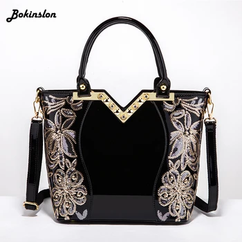 

Bokinslon Embroidered Bright Leather Shoulder Bag Casual Female Portable Patent Leather Shoulder Bag Woman