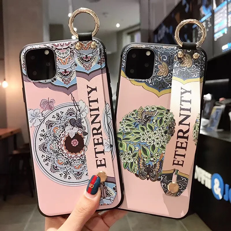 

Flowers Phone Holder Case For iphone XR X Xs max 11 Pro Max Case For iphone 7 8 6 6s plus Wrist Strap Soft TPU Cases Cover Fruit