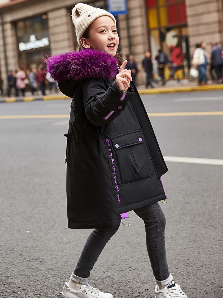 Зимнее пальто для родителей и детей до-30 градусов, куртка-пуховик Детская длинная парка меховая верхняя одежда с капюшоном для мамы и дочки