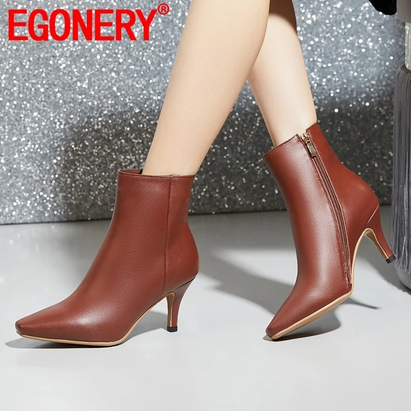 

EGONERY genuine leather office ankle boots winter new outside high heels zip square toe women shoes drop shipping size 32-45