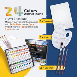 Memory 24 Colors Acrylic Paints Set for Fabrics Painting Clothing Pigments - Include 3 Brushes 1 Palette & 1 Canvas