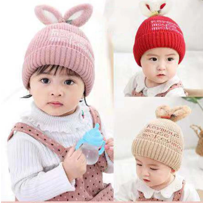 Вязаная шерстяная шапка для новорожденных девочек, шапка с милыми заячьими ушками и надписями, шапка с морковкой, осенне-зимние аксессуары