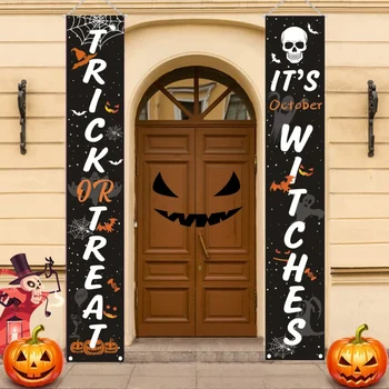 

Trick OR Treat Banner Halloween Porch Sign Hanging Sign With Skull Pattern For Halloween Gate Garden Home Party Decorations /·
