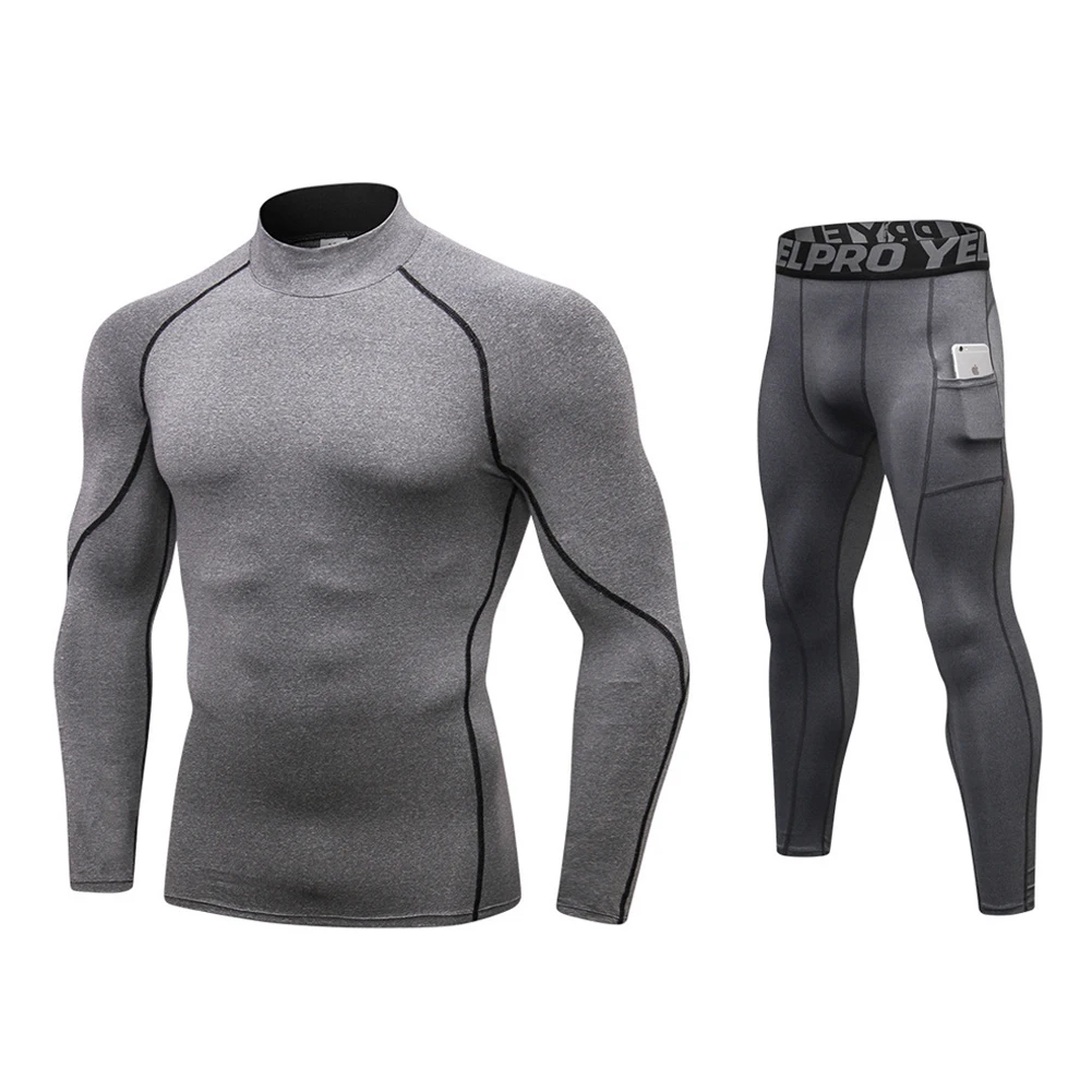 grey set Fanceey, зимнее термобелье с высоким воротником, мужские кальсоны, мужская рубашка Рашгард+ штаны, комплекты теплого компрессионного нижнего белья, термо мужское - Цвет: grey set