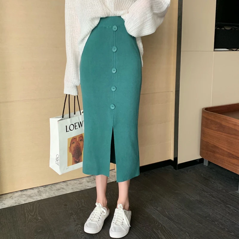 

Office Lady Knitted Pencil Skirt 2020 Autumn Winter Women High Waist Buttons Side Split Slit Midi Skirts Bodycon Skirt