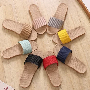 

Men Solid Color Linen Indoor Slippers Slip Breathable Fashion Pu Leather Slippers Men Slipper Sandals