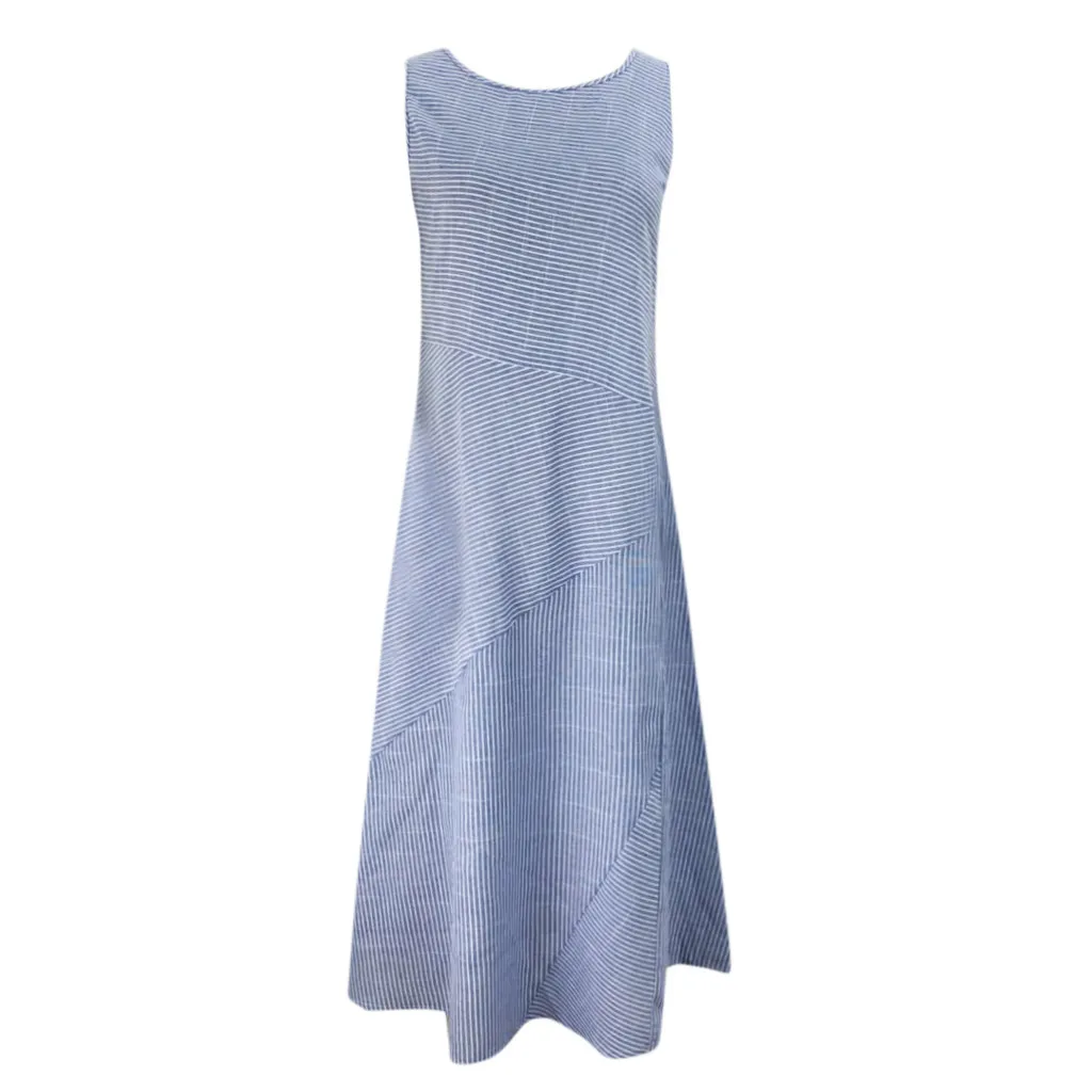 Dress for Women Wobuoke Casual Cotton Linen Round Neck Short Sleeve Loose Dot Stripe Print Dress 