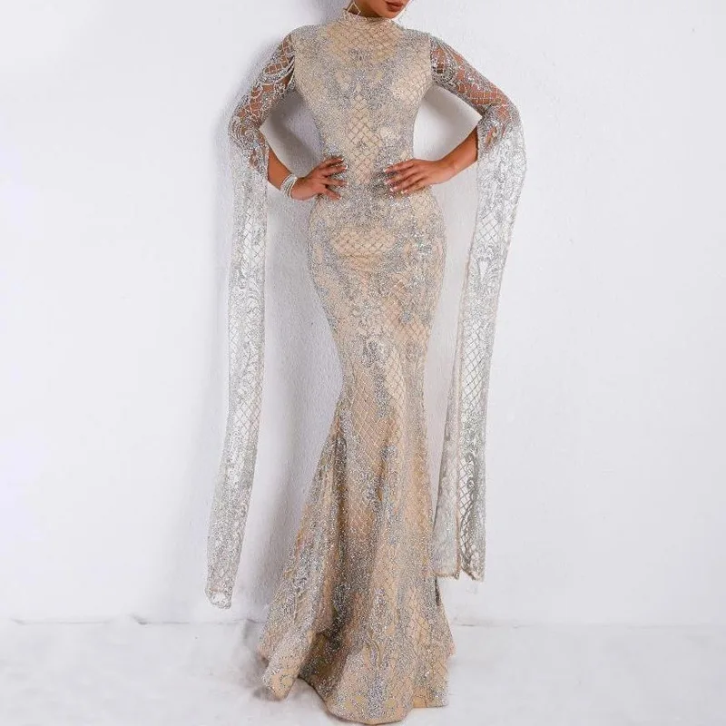 Echoine Women Silver Slim Maxi Dress Long Sleeve Party Autumn Winter Sexy Elegant Sundress Female Vintage Wed Ladies Clothing