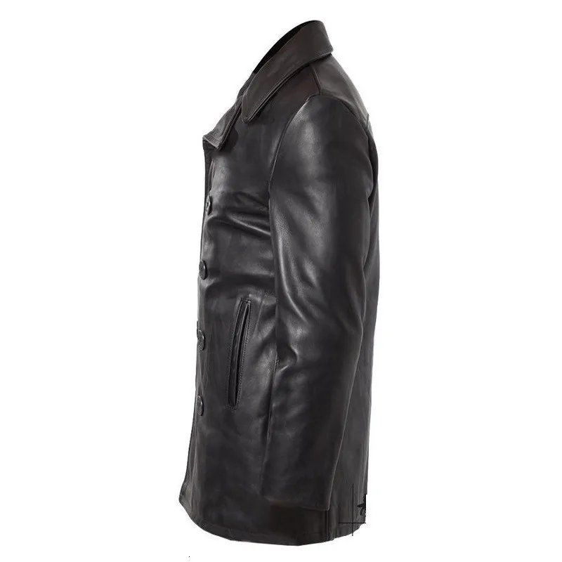 

Brand Fashion Men Cowhide Genuine Leather Long Jacket Double Breasted Winter Cotton Padded Trench Coat Business Man Slim Jackets