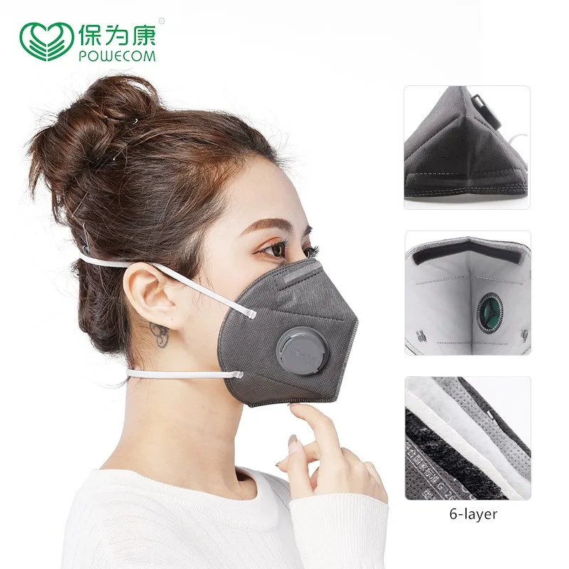 Masque FFP2 Powecom 1890V vu de face, avec ses 6 couches et sa valve de respiration.