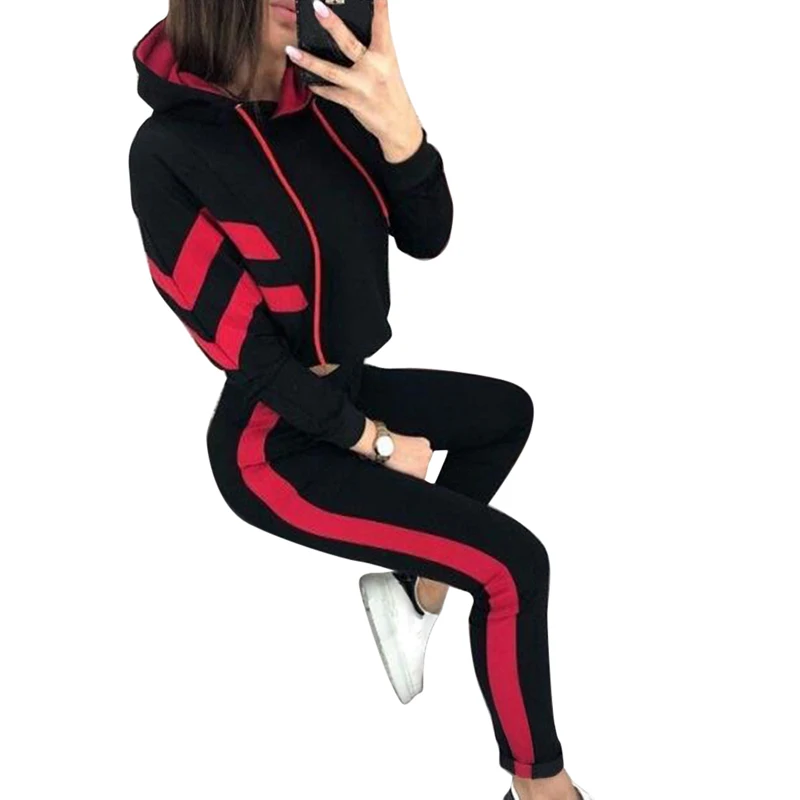 2 Piece Set Women Hoodies Tracksuit Autumn Roupas Feminina Sport Suit Fashion Gym Outfits Striped Sportwear Jogging Femme - Цвет: red