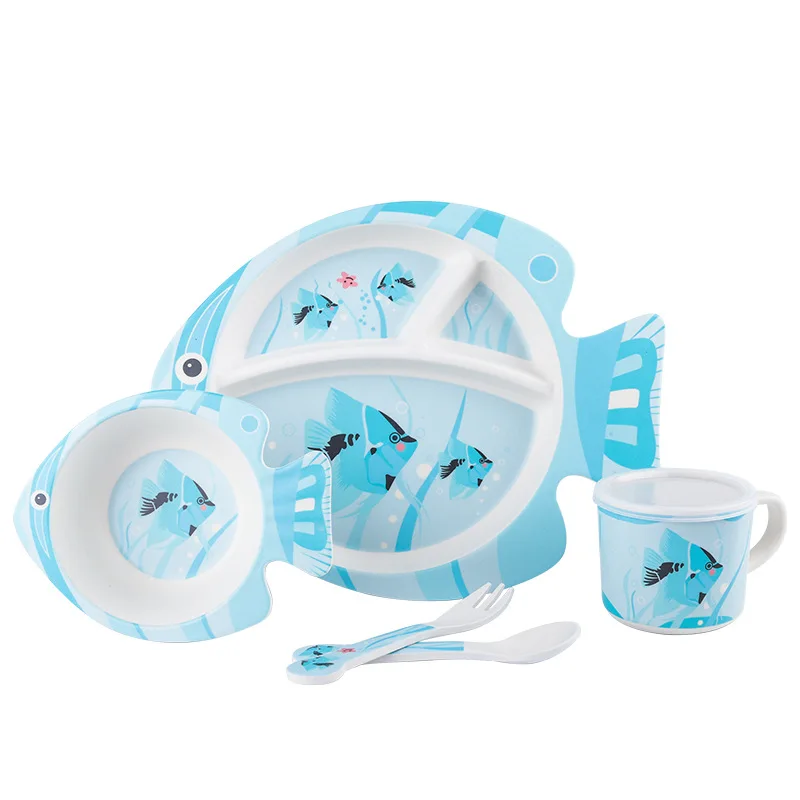 

Bamboo Fiber Children's Tableware Baby Portable Dish Set Cartoon Cute Fish Shape Plate Water Cup Fork Spoon Dishes Baby Bowl