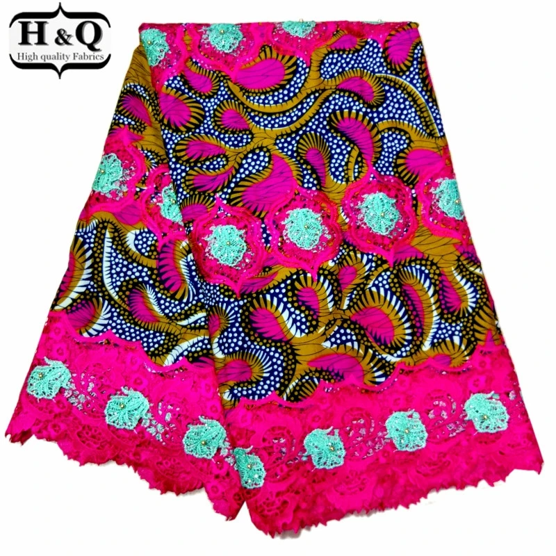 

H&Q latest african batik lace 100% cotton wax fabric embroidery with stones and beads nigerian guipure laces fabrics 6 yards/pcs